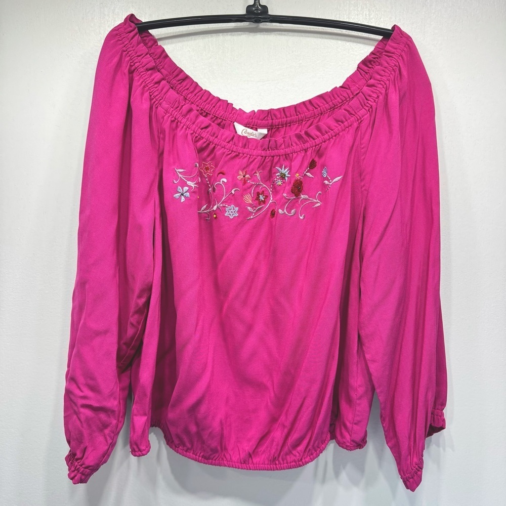 Candie’s Cropped Smocked Off Shoulder Top Fuchsia Embroidered Beaded Flowers